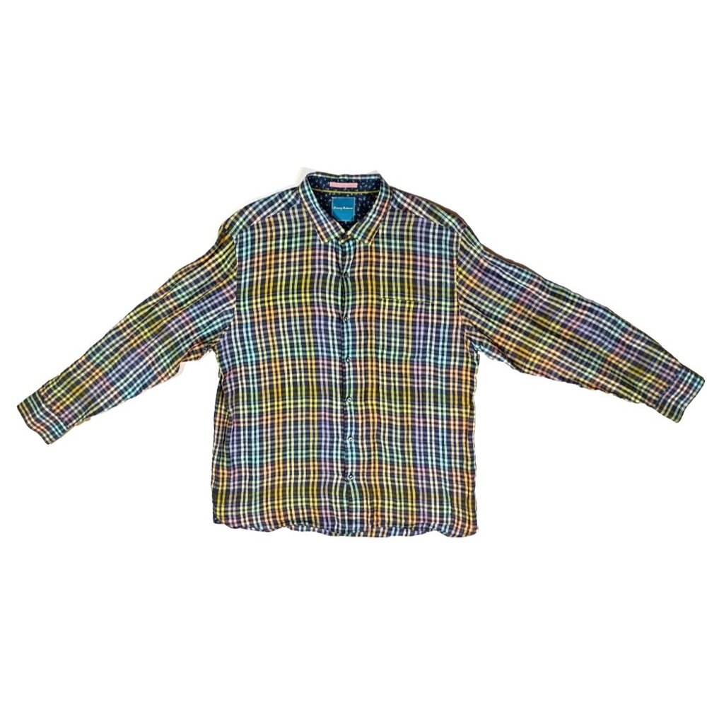 Tommy Bahama XXL Shirt Mens  Multicolor Rainbow Plaid Button Up Linen